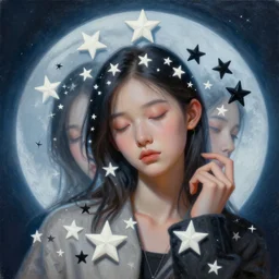 3 d, close - up, white and black stars, bored fashion model, light blue moon rays, soft shadows, cinematic, poster art, hyper detail, intricate oil painting, multiple exposure, night mood, 3 d, by tooth wu and wlop and beeple and greg rutkowski
