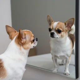 chihuahua dog seeing his own reflection in a mirror