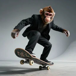 beautiful realistic high quality photo of a monkey skateboarding wearing a black suit full body, high quality photo, high quality photograph, professional camera photo, wide angle, wide angle lens, hyper realistic, hyperrealism, cinematic photo shot, cinematic lighting, ultra realistic photo, beatiful photo, enhanced photo, 8k resolution, 4k photo, fhd, high quality, photo ultra detailed, intricate details, detailed intricate, highly detailed, photorealistic