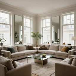 a living room filled with furniture and lots of windows, featured on pexels, maximalist, hall of mirrors