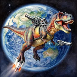 a beautifull intricate watercolour painting of a tyrannosaurus rex equipped with guns flying in space with rockets with earth in the background, reflexions, verry high details by william turner art, greg rutkowski and alphonse mucha, trending on artstation, very very detailed, masterpiece, vibrant colors