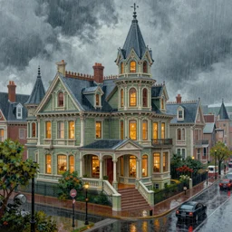 victorian city, heavy rain, a beautiful painting, digital art, overdetailed art, concept art, detailed illustration, hd, 4k, digital art, highly saturated colors, Dan Mumford,  Greg rutkowski, Victo Ngai