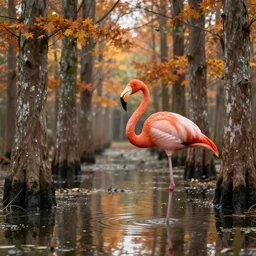 a stunning ultra detailed fantasy fine art illustration of flamingo by a reflective swamp in a bald cypress tree forest in autumn, by gediminas pranckevicius and tomasz alen kopera, foggy, crepuscular rays, artstation, 8 k, deep depth of field, golden hour hues, vibrant colors, golden ratio composition, hyper realistic