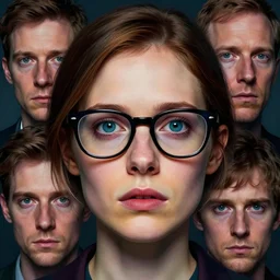 colored character study of female lars von trier, glasses, geek, todd solondz eyes | vivid colors : dramatic and emotional, concept design, realistic. by gabriel hardman, joe alves, j. todd anderson, chris bonura. cinematic atmosphere, detailed and intricate, perfect anatomy