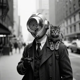 futuristic time traveller with cat companion on his shoulder, in 1 9 3 0 s new york, shot on old film, black and white