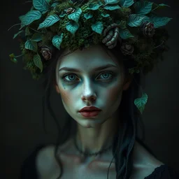 a dark fantasy portrait of beautiful girl by irakli nadar and stefan gesell with intricate detailed moss and leaves headdress, melting wax, mycelia, abstract impressionism, ruan jia, hyper detailed, concept art, by gustav klimt, by sue bryce, moody lighting