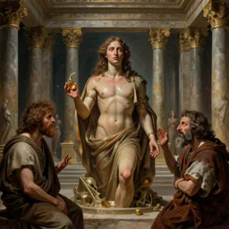 Pot of Duality in Solomon's Temple and Gödel's Incompleteness Theorem deconstructing life itself, by Micheal Whelan and Eugène Delacroix and Francis Bacon and Hieronymus Boch, artistic, sweat and labour, realistic fantasy, beautiful faces aesthetic, establishing shot, 8k resolution, dramatic lighting