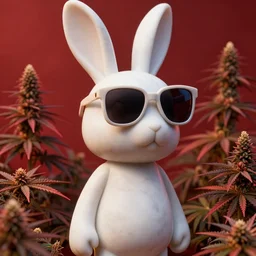 rabbit groot as marble statue, big sunglasses, red colors in marijuanas gardens, soft surface texture, very realistic 3 d render, soft sun lights, 4 k, high detailed photography result, 5 0 mm lens, rich deep colors, smooth gradients, depth of field, cinematic, hyper realism, high detail, octane render, unreal engine, 8 k, vibrant colors