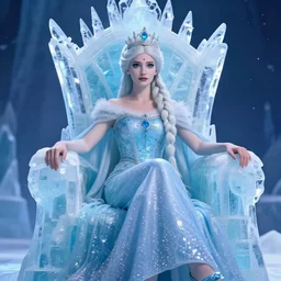 photograph of a real-life beautiful ice queen sitting on an icy throne.  Extremely detailed. 8k