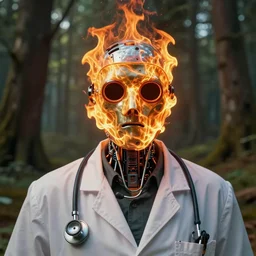 An album cover, fire, mask, stethoscope!, (doctor), 3d render, ((robot)), (unreal engine), (rust), photograph, portrait, painting, (((forest)))