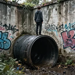 person standing on the edge of very large round sewer dark black pipe exiting near ground level, graffiti on walls, damp, sludgy, yukky, natural light, cinematic lighting, sharp focus, concept art, octane render 4 k, artstation,