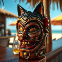 a closeup photorealistic photograph of a tiki mug from trader vic's featuring the face of superhero cat woman sitting on the beach bar. bright scene. fine detail. this 4 k hd image is trending on artstation, featured on behance, well - rendered, extra crisp, features intricate detail, epic composition and the style of unreal engine.