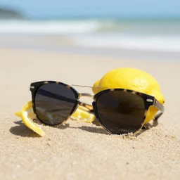 a lemon with sunglasses relaxing at the beach