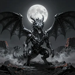 roaring anthro dragon with glowing eyes and mouth in a smoking crater, glowing eyes, charcoal and silver color scheme, full body single character, rule of thirds, moonlit night, good value control, high contrast, biomechanical, cinematic, illustration, concept art