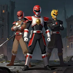 a full body shot of a medieval Power Rangers by Brahm Revel,colored by Ronda Pattison,city in the background,dark colors,detailed,artstation