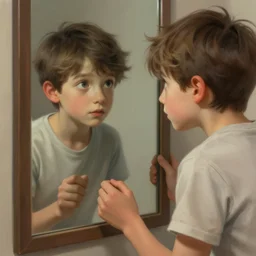 young boy seeing himself in a mirror, highly detailed, digital painting, artstation, illustration by artgerm