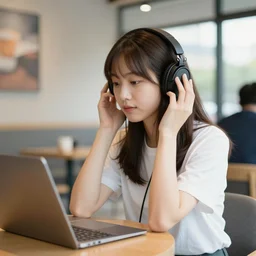girl using a headphone in a cafe