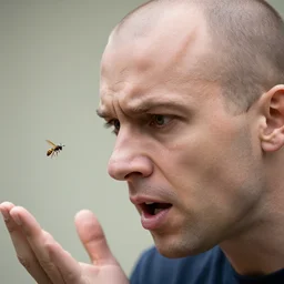 a photo of a balded man arguing at a wasp, close up, photorealistic