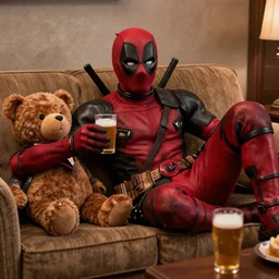 Deadpool with Ted bear from Ted movie, chilling on the couch, drinking beers, 🍻, cheers!