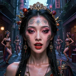 portrait of goddess gemma chan symmetric tavern bard, surrealistic, intricate face, crazy expression, sweat, narrow dark streets with exotic dancers, vaporwave aesthetics, 8 k uhd, unreal engine, octane render in the artstyle of finnian macmanus, john park and greg rutkowski