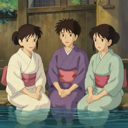 girls onsen & sento in japan, in the style of studio ghibli, j. c. leyendecker, greg rutkowski, artgerm