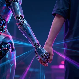 A boy holding hands with a cyborg, neon lights, raytracing digital art trending on art station, realistic science fiction by Greg Rutkowski