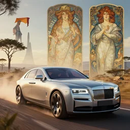 a concept electric car designed by rolls royce driving through madagascar, artgerm and alphonse mucha, an epic fantasy, volumetric light, detailed, establishing shot, an epic fantasy, trending on art station, octane render, midsommar