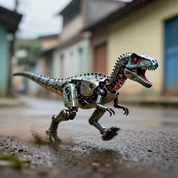 action photography, long shot, dark and rainy, award winning macro photo of an ultra detailed intricate tiny robotic dinosaur running very fast in a brazilian neighborhood, dirt and dust, fast shutter speed, motion blur, tiny gaussian blur, highly detailed, highly intricate, depth of field, national geographic