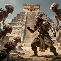toltec steampunkpunk shaman fighting with aliens brainsuckers near mayan pyramid, perfect faces, fine details, studio lighting, subtle shadows, art by katsuya terada, photorealism, hyper realism, octane render, hyper detailed, volumetric lighting, canon eos r 3, f / 1. 4, iso 2 0 0, 1 / 1 6 0 s, medium shot, 8 k, raw, unedited, in - frame,