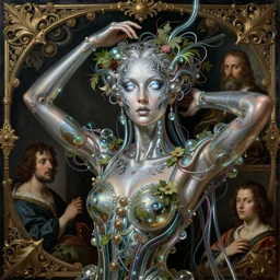 the glass cyborg queen, elegant, striking glowing eyes, fashion, silver face paint, vogue poses, striking composition, highly detailed ornate sci fi background, vivid details, amalgamation of nature and technology, wires, glowing tubes, beautiful composition, painting in the style of sandro botticelli, caravaggio, albrecth durer, 8k
