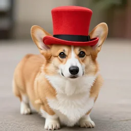 a corgi wearing a red tophat