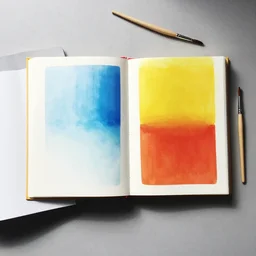 flatlay art book collection, vivid colors, dramatic lighting, minimalist and clean, scattered paint brushes