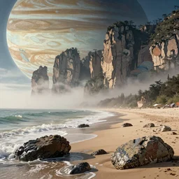 Breath-taking beautiful beach on Jupiter!!!, rocks, clouds, mist, Zhangjiajie, An aesthetically pleasing, dynamic, energetic, lively, complex, intricate, detailed, well-designed digital art of beach on Jupiter!!, rocks, clouds, mist, Zhangjiajie in early morning, light and shadow, overlaid with aizome patterns, Shin-hanga by Thomas Kinkade and Bob Ross, traditional Japanese colors, superior quality, masterpiece, featured, trending, award winning, HDR, HD, UHD, 4K, 8K, anamorphic widescreen