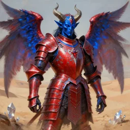 rococo style painting of full plate armor of crimson metal with azure blue lining and ruby studded worn by a horned dark blue skinned demon with glowing wings, desert background, dusty, magic, enchanted, intricate, crystal, 8 k, artstation trending, masterwork