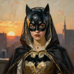 Painting of Madonna as Catwoman from Batman Returns. Art by william adolphe bouguereau. During golden hour. Extremely detailed. Beautiful. 4K. Award winning.