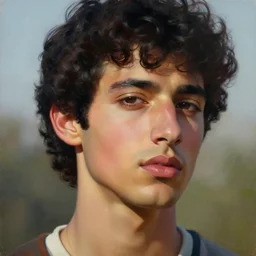 oil painting by ilya kuvshinov, baugh casey, rhads, coby whitmore, of a youthful persian - indian college student, young cleanshaven freddie mercury, male, handsome, high cheekbones, large sensual mouth, curly black hair, outdoors, highly detailed, breathtaking face, studio photography, dawn, intense subsurface scattering, blush, supple look, innocence, intense sunlight
