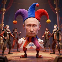vladimir putin, is a jester, circus performance, fantasy 3 d render, masterpiece, by donato giancola and greg rutkowski and wayne barlow and zdzisław beksinski, realistic face