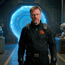film still of Walter White as Gordan Freeman in an underground lab facility wearing a black HEV suit with an orange lambda logo in front with a glowing blue portal in the background in the Half Life Movie, 4k