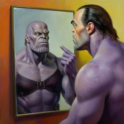 a beautiful painting cyberpunk thanos wear a bra and look in the mirror, by salvador dali realistic oil painting