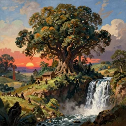 epic landscape of rohan in middle earth, large trees, waterfall, vivid colors, by Bierstadt Albert