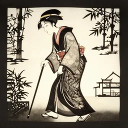 traditional japanese paper cutting art of edo period woman walking bent over with a cane, kamikiri