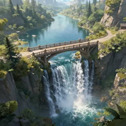fantasy landscape, bridge over waterfall, lake, art by michal karcz, 6 point perspective, high detail, sharp focus, elegant, intricate, epic, fantasy digital art