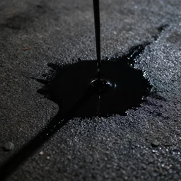 close - up of pitch black oil on ground at night