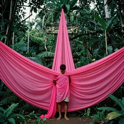 christo and Jean Claude wrap a Mayan temple in bright neon pink fabric, jungle, 35mm Canon