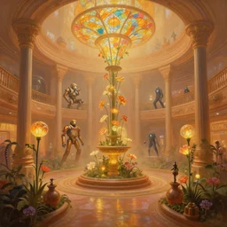 a minimalist bioluminescent oil painting by donato giancola, warm coloured, cinematic scifi luxurious futuristic foggy steam filled victorian garden circular shopping mall interior with microscopy stained glass flowers growing out of pretty bulbous ceramic fountains, gigantic pillars and flowers, maschinen krieger, beeple, star trek, star wars, ilm, star citizen, mass effect, artstation, atmospheric perspective