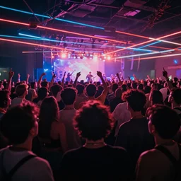 view is inside a friend group partying at a concert in the back a huge crowd and neon lines, surrealism