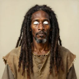 masterpiece painting of a portrait of a long dreadlocks hair egyptian old man, White blind eyes wearing worn out brown clothes featured in artstation, concept art by Greg Rutkowski, WLOP, Dan Mumford, Christophe Vacher