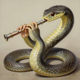 painting of a detailed snake snake playing the flute, highly detailed, digital painting, artstation, concept art, smooth, sharp focus, illustration, art by artgerm and greg rutkowski and alphonse mucha and hajime sorayama