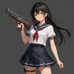 anime, full body, cute, gun, female, a pretty girl wearing a school uniform and holding a gun, pretty background, highly intricate detailed, light and shadow effects, intricate, highly detailed, digital painting, art station, concept art, smooth, sharp focus, illustration, advanced digital anime art, 4 k