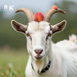 a goat with peaches stuck on its horns, 8 k, 4 k, professional photography, award winning photo